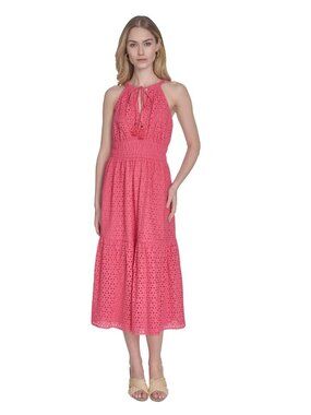 Vince Camuto Womens Eyelet Halter Midi Dress Coral Pink Size 8P Cotton Blend